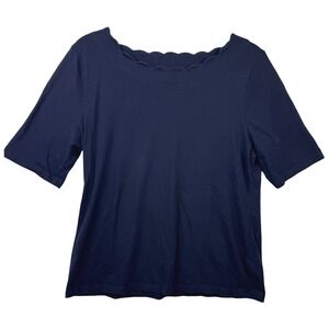 Talbots Pima Cotton Top Shirt Women Large Navy Blue Scalloped Neck Basic Soft